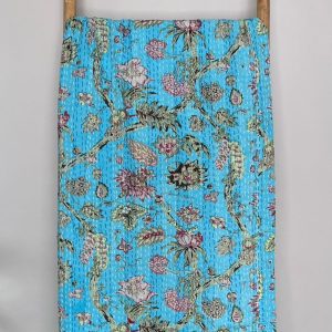Turquoise Blue Flower Kantha Quilt