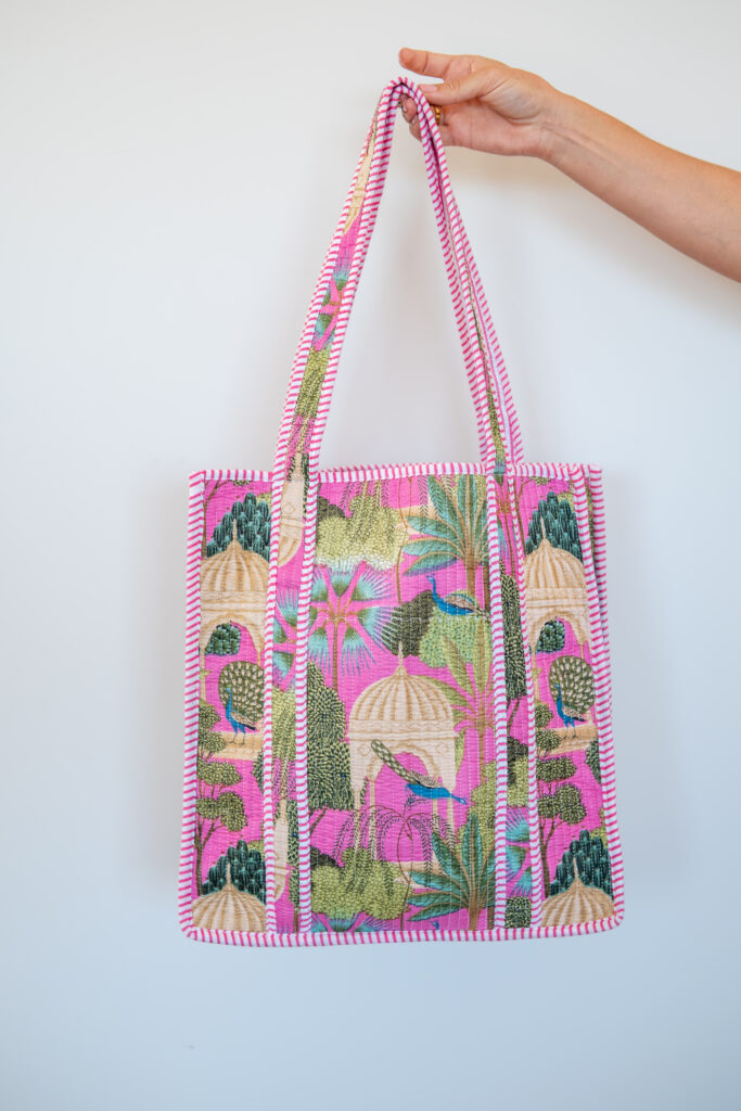 pink quilted tote bag front view